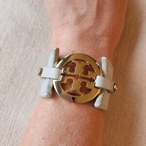 Tory Burch Light Blue-Gray Leather Logo Bracelet